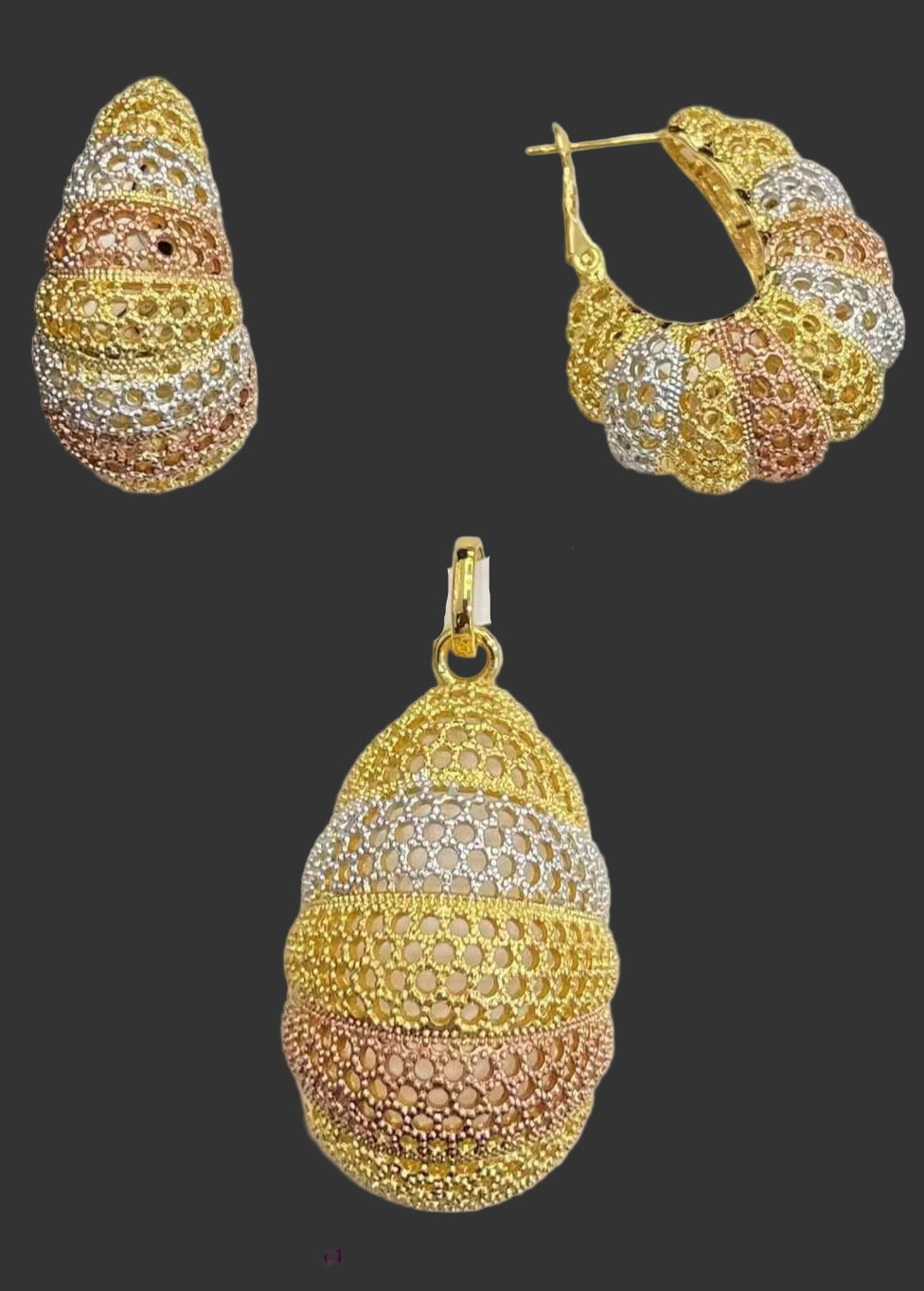 Layered Mesh Teardrop Pendant Set (Gold, Silver & Rose)