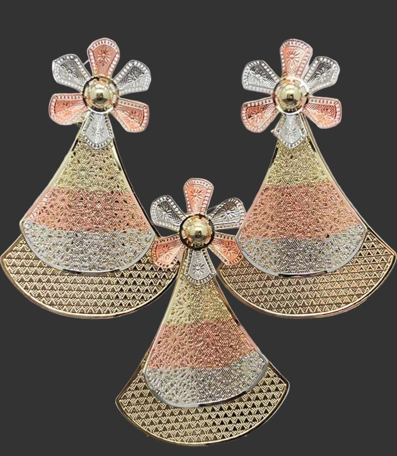 Floral Fan Pendant Set (Tri-Color Gold, Silver & Rose)
