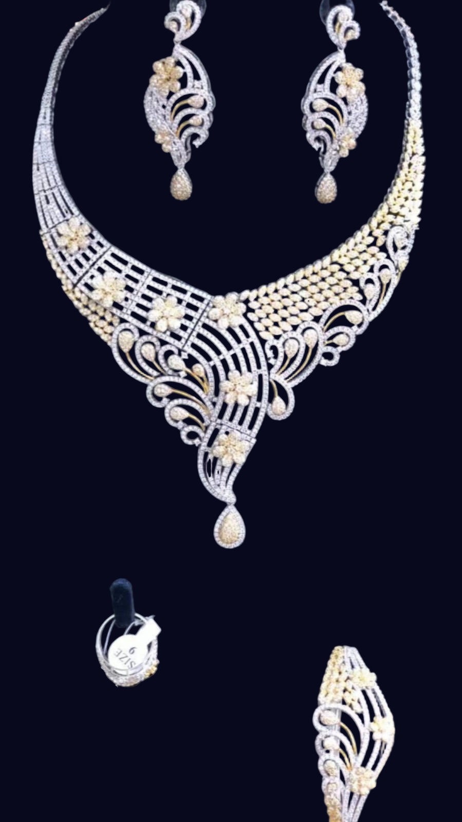 Elegant Gold & Silver Floral Diamond Necklace Set
